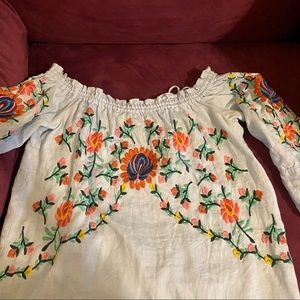 Philosophy Embroidered Cold Shoulder 100% Linen Dress Blue M